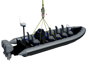 Boat lifted by crane hook
